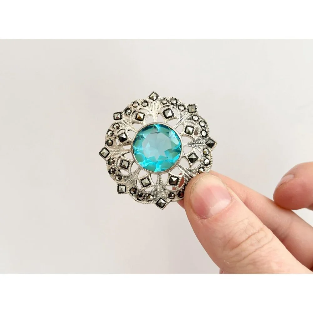 SOLD -Sterling Silver Vintage 925 Stamped Natural Marcasite & Acquamarine Brooch - Picture 7 of 9